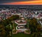 Sarvar, Hungary - Aerial panoramic view of the Castle of Sarvar Nadasdy castle at autumn from high above with a dramatic sunrise