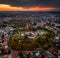 Sarvar, Hungary - Aerial panoramic view of the Castle of Sarvar Nadasdy castle from high above with a beautiful dramatic sunrise