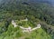 Saschiz Saxon fortress in Transylvania, Romania. Aerial view fro