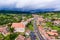 Saschiz saxon village and fortified Church in middle Transylvania, Romania, Eastern Europe. Aerial view from a drone.