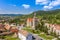 Saschiz village saxon church with fortified bell tower in reconstruction