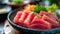 Sashimi Bliss: Top View of Raw Tuna Fillet Steak in a Rustic Cafe