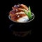 Sashimi with eel in a black plate. On a black background with re