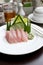 Sashimi of fresh tuna (Seafoods Sushi) on white dish.