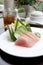 Sashimi of fresh tuna (Seafoods Sushi) on white dish.