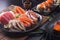 Sashimi Japanese food, Sashimi set. Salmon, wasabi, fish, shrimp