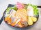 Sashimi mix consists of Salmon, Izumidai, Kanikama, Maguro, Shime-saba and Tamago