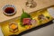 Sashimi raw fish course with sake and tuna and sea urchin uni