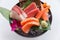 Sashimi Set Include Raw Salmon, Raw Hamachi Japanese Amberjack, Raw Maguro Bluefin Tuna and Kani Crab Stick.