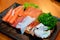 Sashimi set including crab stick, tuna, salmon and salmon belly, the Japanese food