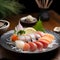 Sashimi set with salmon, tuna, japanese food in resturant. Generative AI