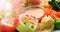 Sashimi sushi in close up picture. Shrimps with rice and parsley in close-up image. Plate of seafood. Fresh and delicious maki and