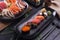 Sashimi and sushi Japanese food set. Salmon, Ikura, wasabi, fish, shrimp and tuna