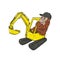 Sasquatch Bigfoot Wearing Operating Mechanical Digger Excavator Cartoon Drawing Color