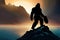 Sasquatch silhouette standing on cliff ledge