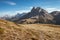 Sass de Putia mount over a pasture in Dolomites at evening