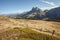 Sass de Putia mount over a pasture in Dolomites at evening