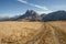 Sass de Putia mount over a pasture in Dolomites at evening