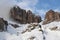 Sass Pordoi in the Sella Group with snow in the Italian Dolomites, from Pass Pordoi.