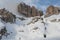 Sass Pordoi in the Sella Group with snow in the Italian Dolomites, from Pass Pordoi.