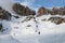 Sass Pordoi in the Sella Group with snow in the Italian Dolomites, from Pass Pordoi.