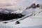 The Sassolungo Group with snow in the Italian Dolomites as seen from Passo Sella.