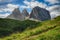 Sassolungo & Sassopiatto Mountain Group as seen from Passo Sella on a cloudy afternoon, Dolomites, Trentino, Alto Adige, Italy