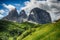 Sassolungo & Sassopiatto mountain ranges as seen from Passo Sella on a cloudy afternoon, Dolomites, Trentino, Alto Adige