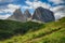 Sassolungo & Sassopiatto mountain ranges as seen from Passo Sella on a cloudy afternoon, Dolomites, Trentino, Alto Adige