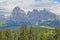 Sassolungo and Sassopiatto mountains viewed from Alpe de Siusi above Ortisei, Val Gardena