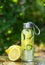 Sassy water. Detox water with lemon. Bottle of cold water with lemon