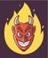 Satan`s head is on fire. purple background.