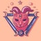 Satanic pink cat with demon horns and a third eye. Occult pet inside a triangle with moons, stars and pagan symbols around it.