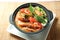 Satay Vermicelli Shrimp Casserole served in borth isolated on table top view of Claypot