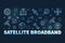 Satellite Broadband vector outline horizontal blue banner. Internet Technology line modern illustration