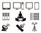 Satellite communication thin line icons set. Satellite, network, transmission, signal wave, laptop, server, switch. Communication