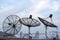 Satellite dishes antenna on roof top among the city