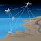 Satellite GPS Network Communication Scene with Aircraft, Ship, Ground Antenna, and Car, Vector Illustration