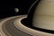 Satellite Rhea orbiting around Saturn planet. 3d render