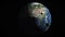 Satellite view of planet Earth and silhouettes of rock objects orbiting around. 3D realistic animation of universe
