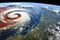 Satellite view of planet Earth from space during a sunny day, space view of the American Ian hurricane in Florida state of United