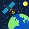 The Satellites flying above Earth planet. Communications in space. Vector illustration