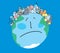 Satirical drawing of a sad planet Earth with a haircut in the form of garbage