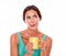 Satisfied brunette woman with coffee mug