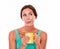 Satisfied brunette woman with coffee mug