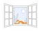 Satisfied cat rest on window frame. Red fluffy kitten pleased, pet relax on spring or summer. Cute vector animal sleep