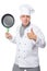 satisfied chef showing thumbs up and holding a frying pan