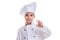 Satisfied girl chef white uniform isolated on white background. Showing OK sign. Landscape image