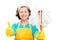 Satisfied housewife with a mop showing hand gesture