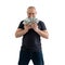 Satisfied man in jeans and a T-shirt with money, dollars in hand isolated on a white background. Profit, wealth, winning the